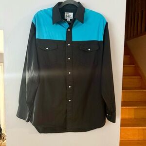 🇨🇦 Vintage 70s-80s MWG Wrangler Men's Dress Shirt - Black and Blue 100% Cotton